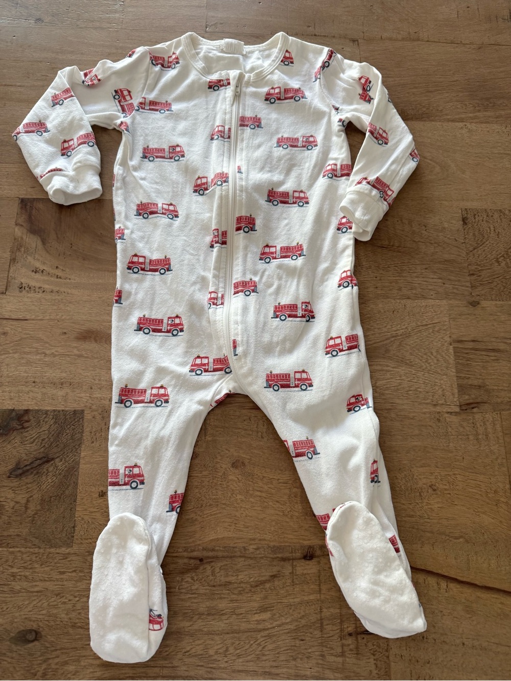 Petit Lem Firts Baby One-Piece Footed Sleeper Red Fire Truck Print sz 12 months